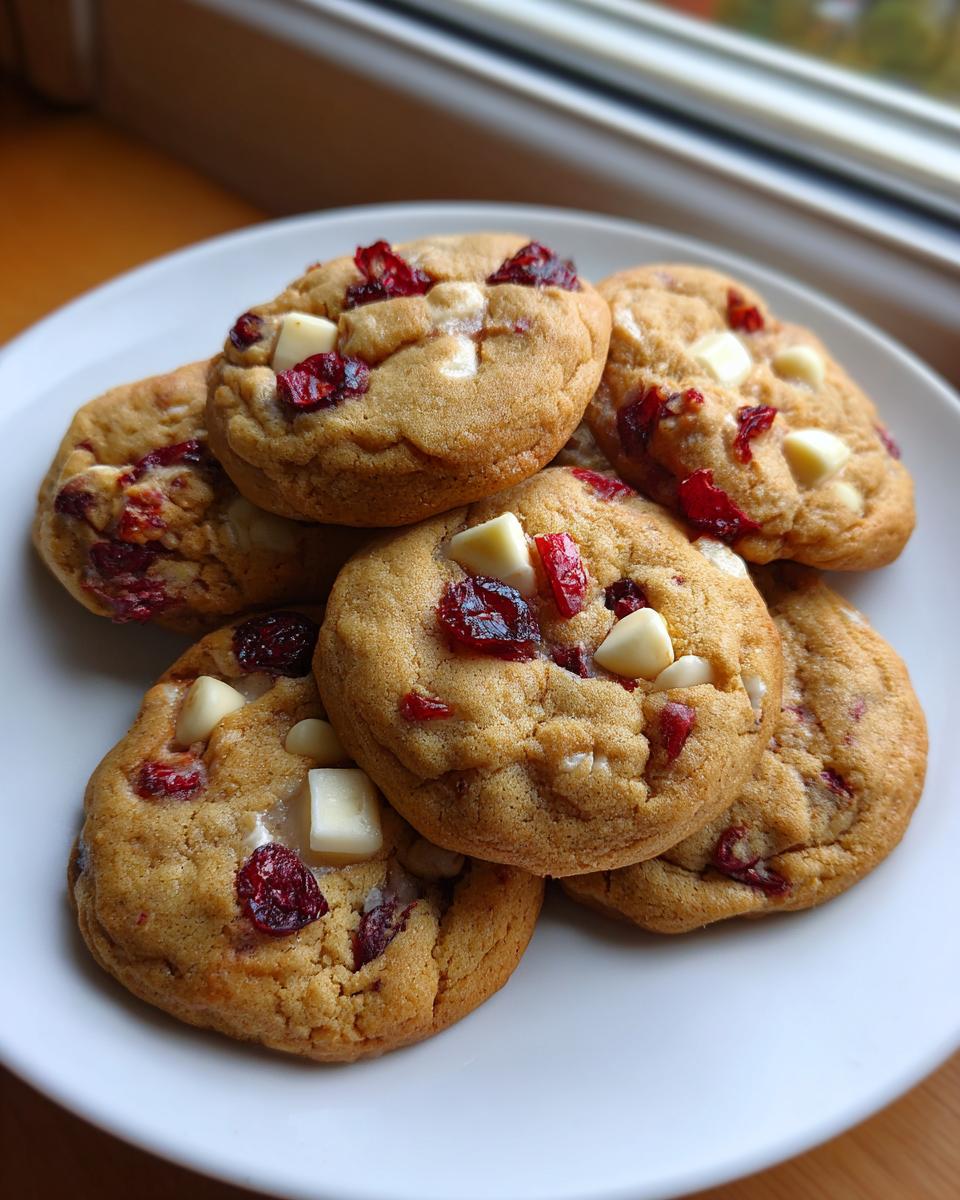 A stack of freshly baked, chewy Cranberry White Chocolate Cookies piled on a white plate near a window.
