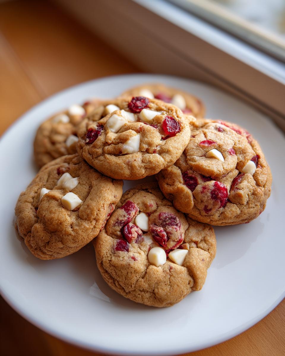 A stack of chewy Cranberry White Chocolate Cookies loaded with dried cranberries and white chocolate chips on a white plate.