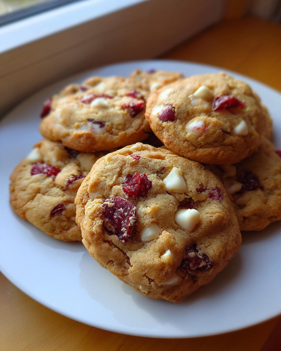 A close-up stack of chewy Cranberry White Chocolate Cookies featuring visible dried cranberries and white chocolate chips.