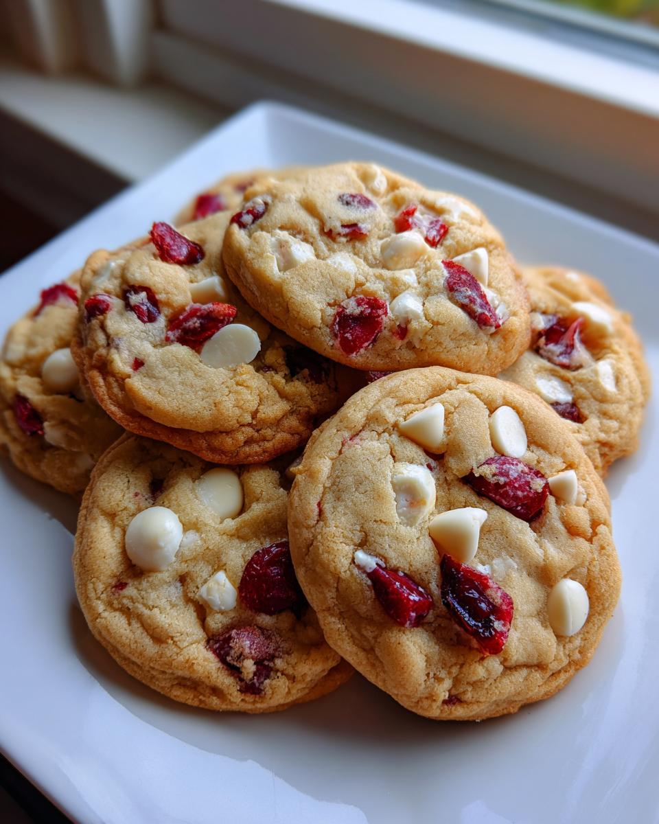A stack of chewy Cranberry White Chocolate Cookies featuring visible white chocolate chips and dried cranberries on a white plate.