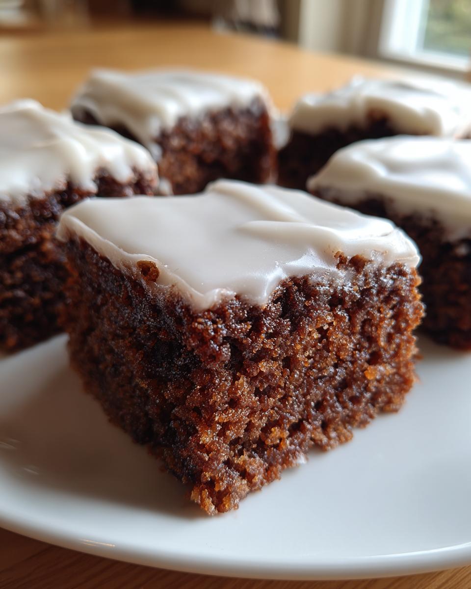 A close-up of a square piece of chewy Gingerbread Cookie Bars topped with thick white icing on a white plate.