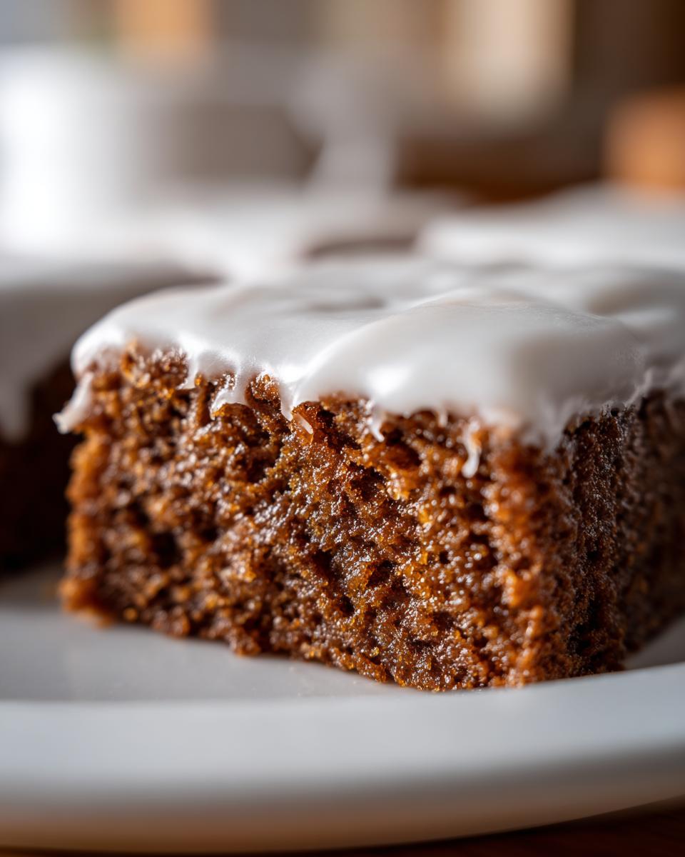 A close-up, macro shot showing the moist, dark interior texture of a Gingerbread Cookie Bars slice topped with thick white icing.