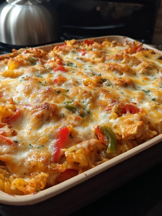 A golden-brown Chicken Vegetables Pasta Bake with melted cheese and visible pieces of chicken, pasta, and bell peppers.