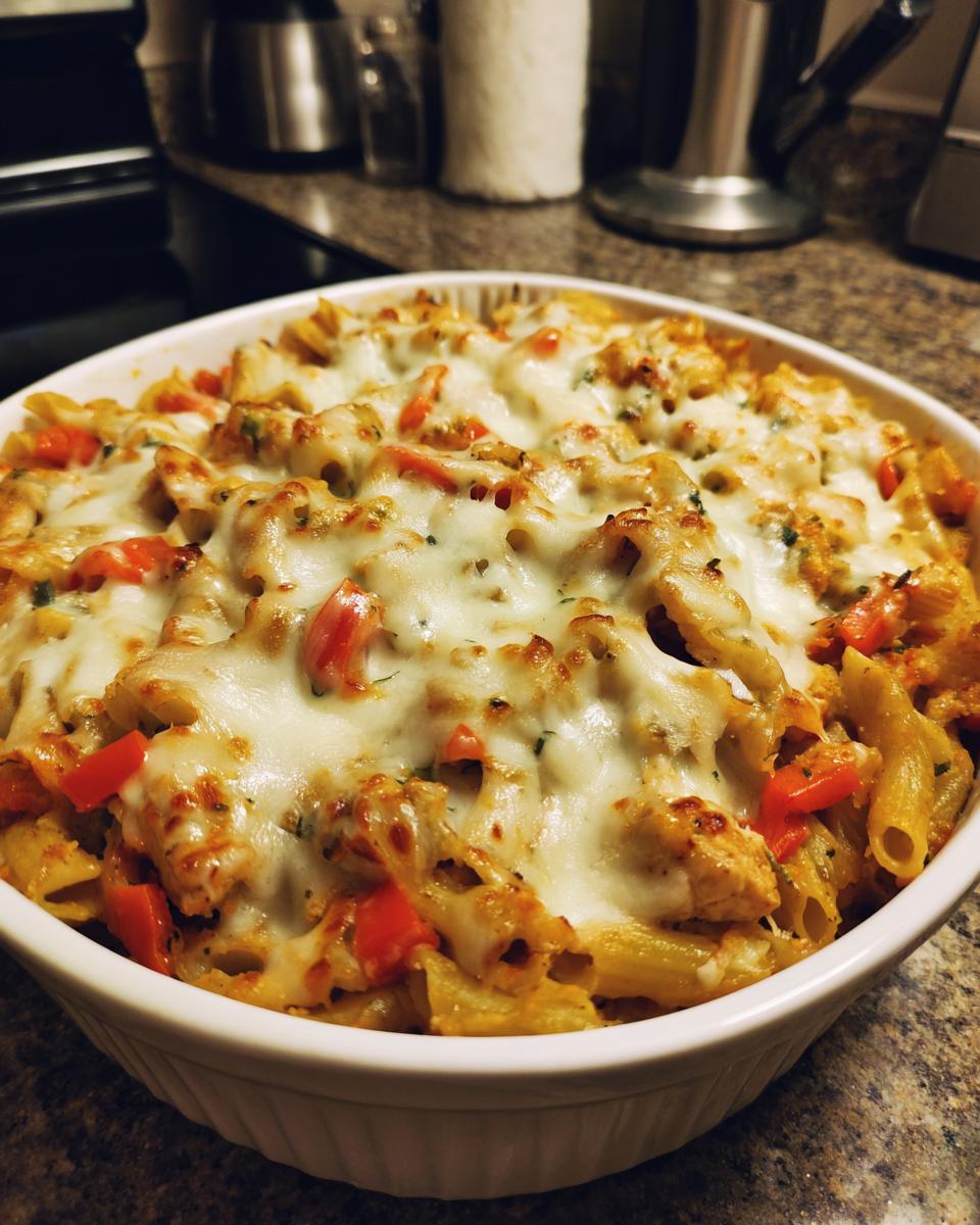 Close-up of a delicious Chicken Vegetables Pasta Bake topped with melted, golden cheese and red bell peppers.