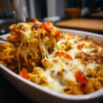 A fork lifting a cheesy portion of Chicken Vegetables Pasta Bake, showing melted cheese strands.
