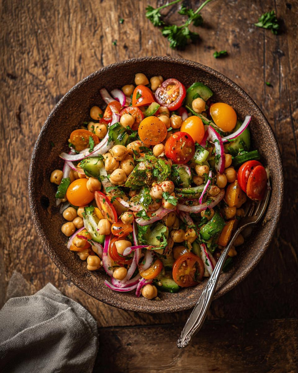 A vibrant bowl of chickpea salad featuring chickpeas, cherry tomatoes, cucumber, red onion, and herbs, ready to be enjoyed.