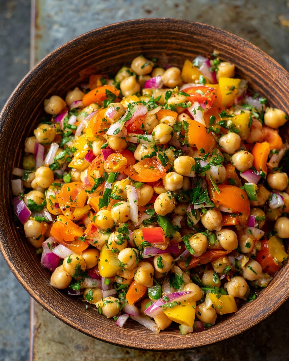A close-up of a vibrant chickpea salad in a wooden bowl, featuring chickpeas, tomatoes, bell peppers, red onion, and parsley.