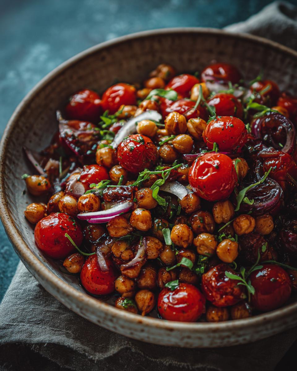 Close-up of a rustic bowl filled with a vibrant chickpea salad featuring cherry tomatoes, red onion slices, and fresh herbs.