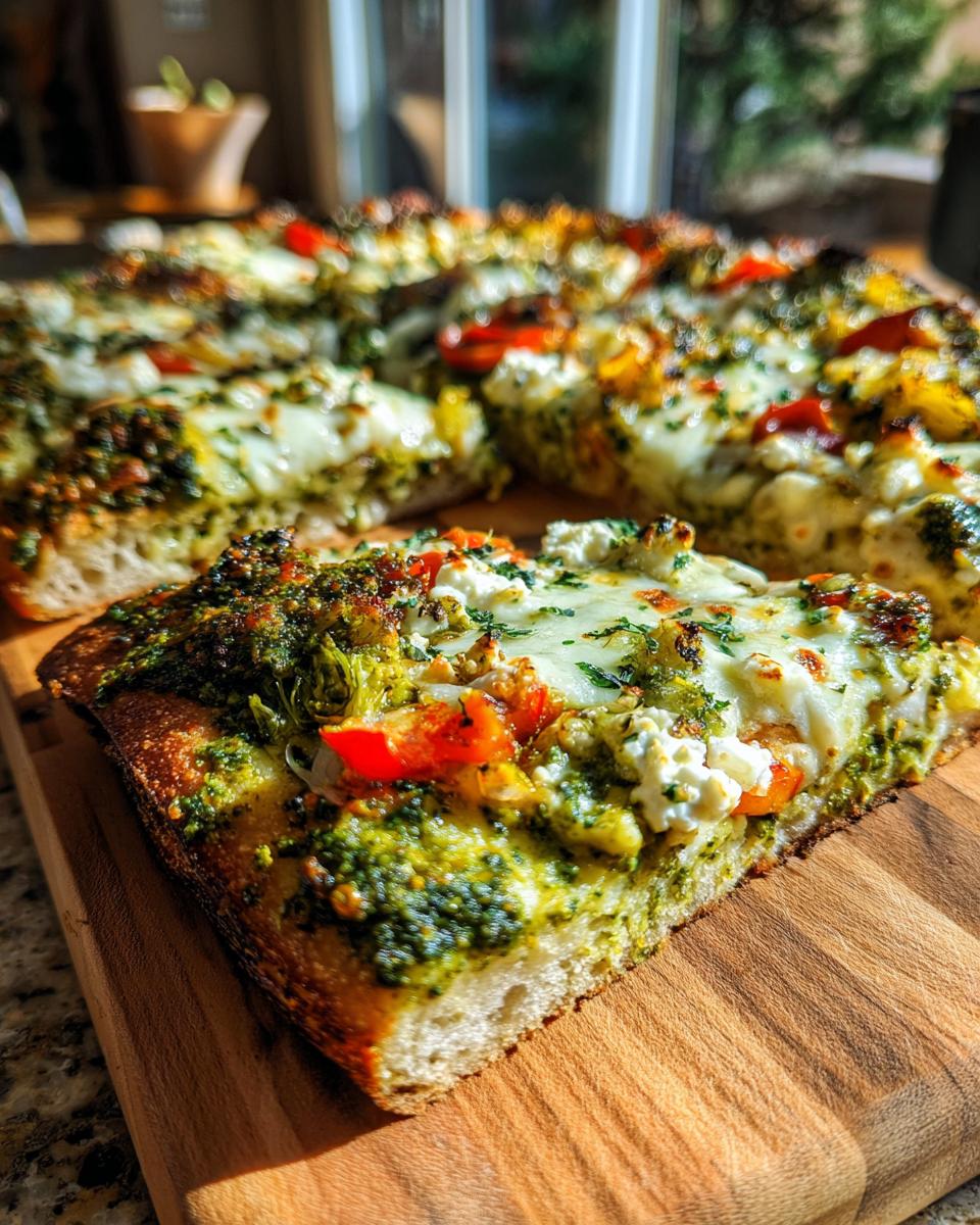 A slice of delicious Chickpea Veggie Gluten-Free Pesto Pizza topped with pesto, cheese, and vegetables.