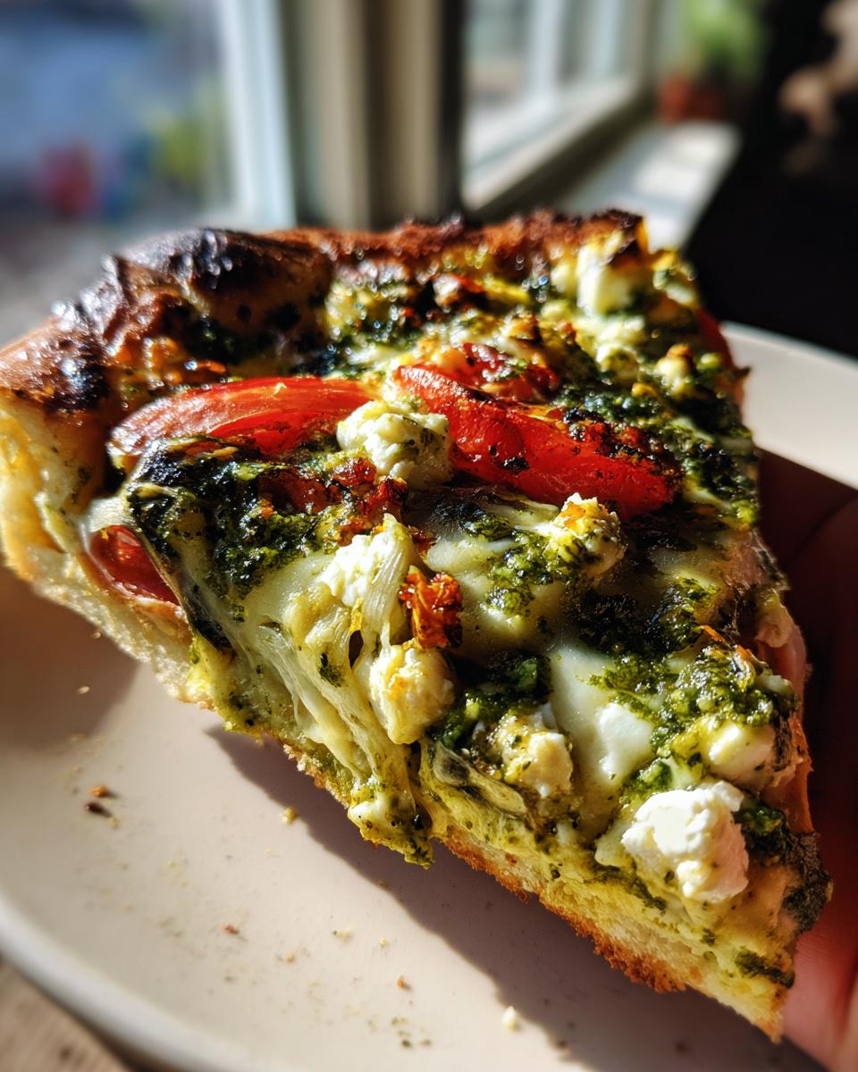 A slice of delicious Chickpea Veggie Gluten-Free Pesto Pizza, topped with pesto, cheese, and tomatoes.
