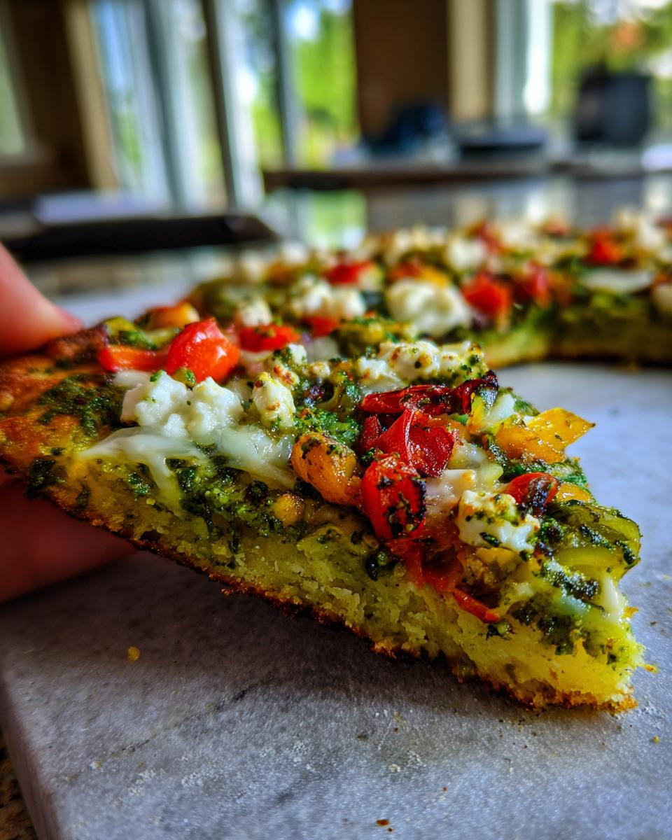 A slice of Chickpea Veggie Gluten-Free Pesto Pizza, topped with pesto, cheese, and red peppers.