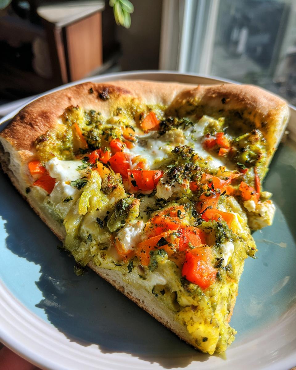 A delicious slice of Chickpea Veggie Gluten-Free Pesto Pizza topped with pesto, vegetables, and cheese.