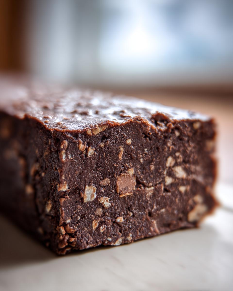 A close-up macro shot showing the dense, rich texture of a slice of Chocolate Biscuit Cake with visible biscuit pieces.