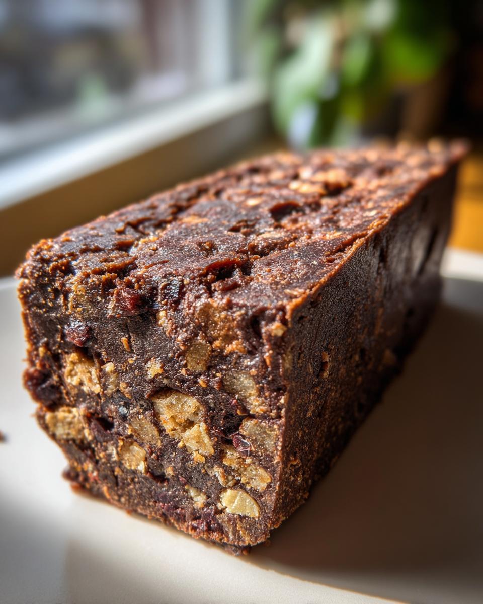 A dense, rectangular slice of Chocolate Biscuit Cake showing visible chunks of biscuits and dried fruit embedded in the dark chocolate mixture.
