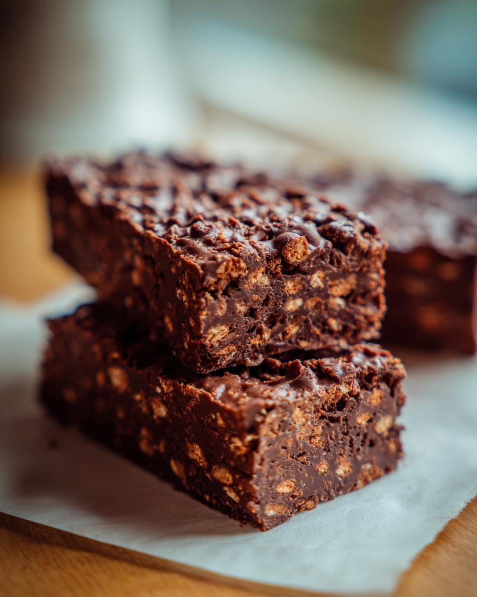 Two stacked slices of rich Chocolate Biscuit Cake showing crunchy biscuit pieces embedded in dark chocolate.