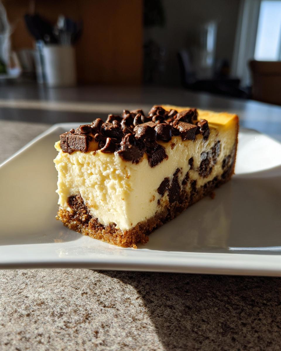 A rich slice of Chocolate Chip Cheesecake with a graham cracker crust, topped with chocolate chips.