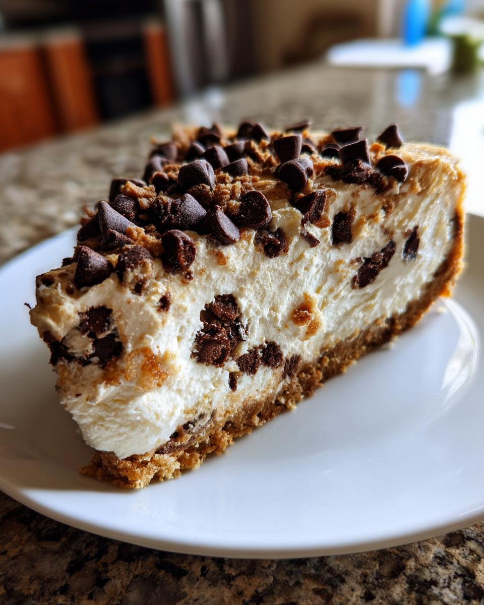 A close-up of a rich slice of Chocolate Chip Cheesecake with a graham cracker crust and chocolate chips throughout.