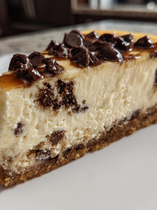 A close-up of a creamy slice of Chocolate Chip Cheesecake on a white plate, topped with chocolate chips.