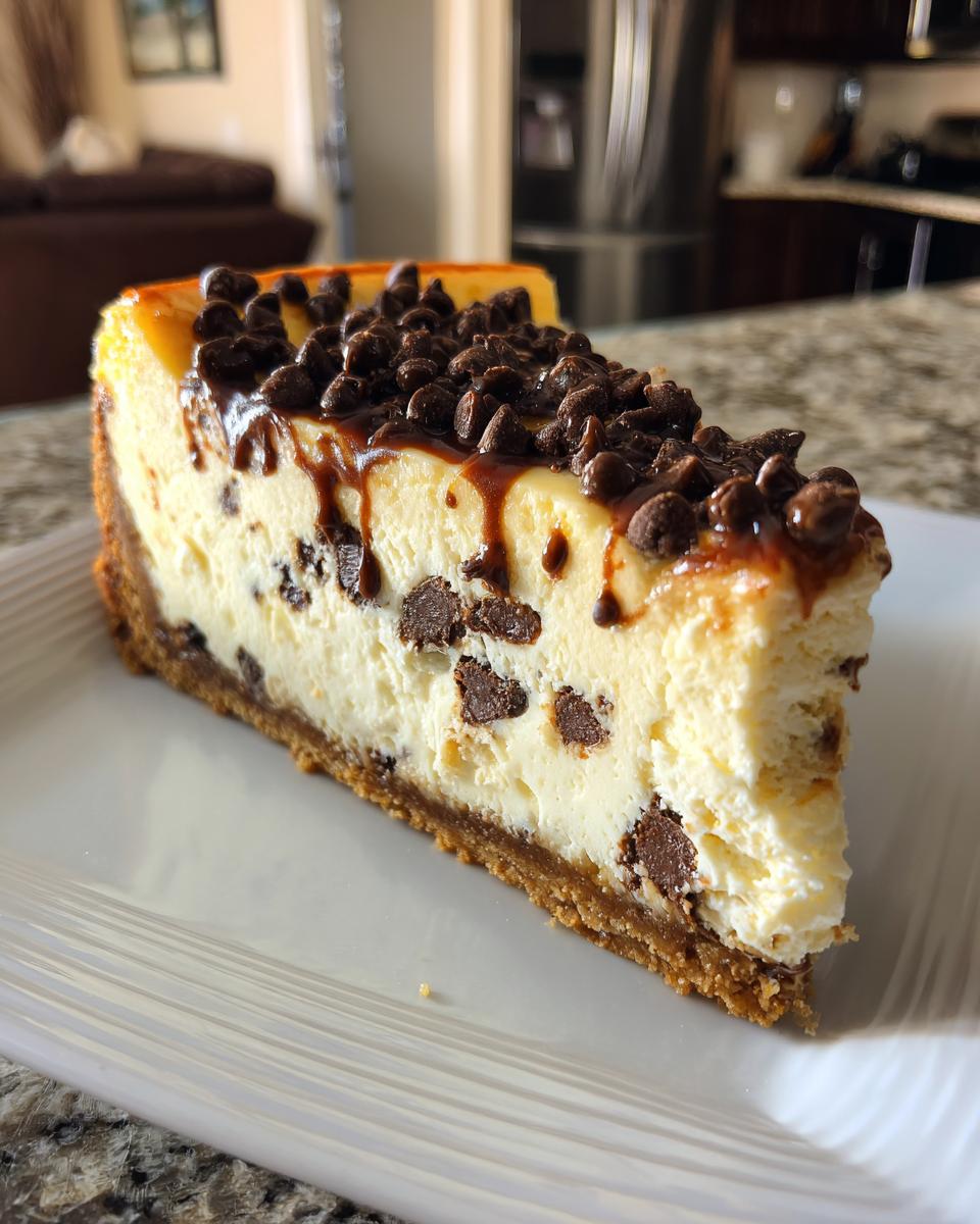 A decadent slice of Chocolate Chip Cheesecake with mini chips and caramel drizzle on a white plate.
