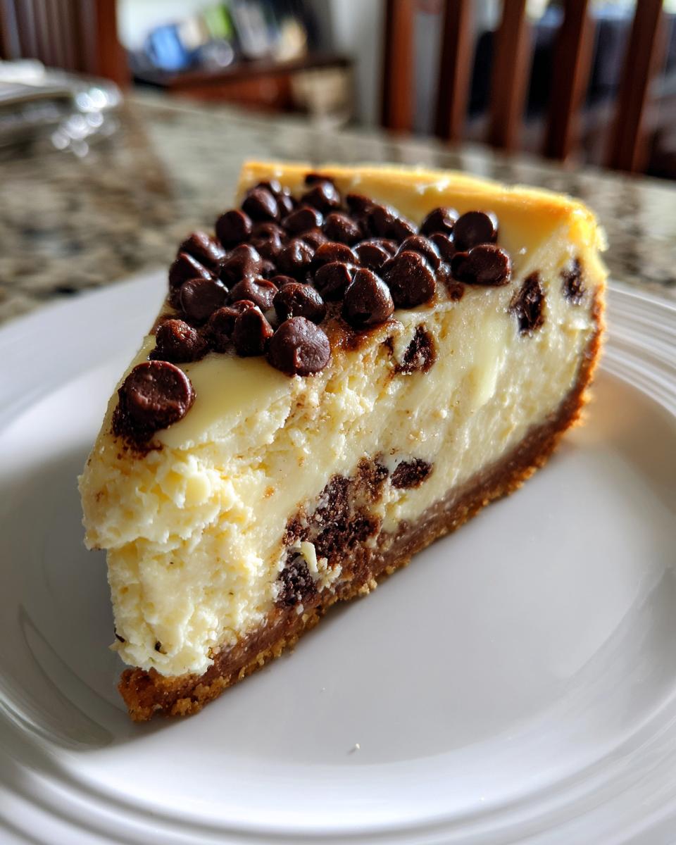 A creamy slice of Chocolate Chip Cheesecake topped with whole chocolate chips on a white plate.