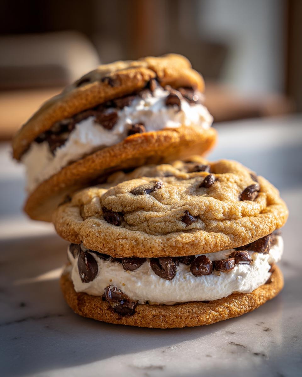 Two decadent Chocolate Chip Sandwich Cookies filled with creamy white frosting and extra chocolate chips.