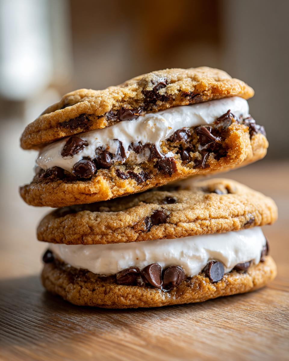 A stack of two decadent Chocolate Chip Sandwich Cookies filled with gooey white cream and extra chocolate chips.