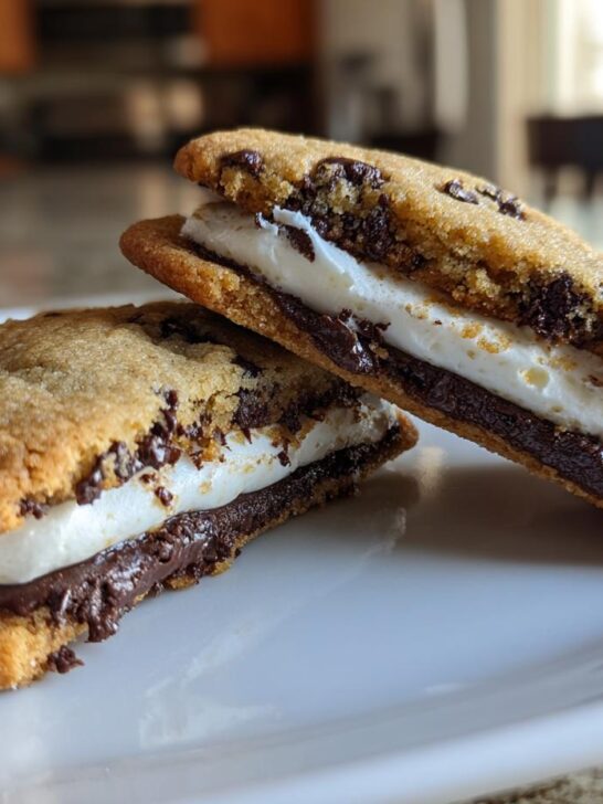 Two decadent Chocolate Chip Sandwich Cookies filled with melted chocolate and marshmallow cream on a white plate.
