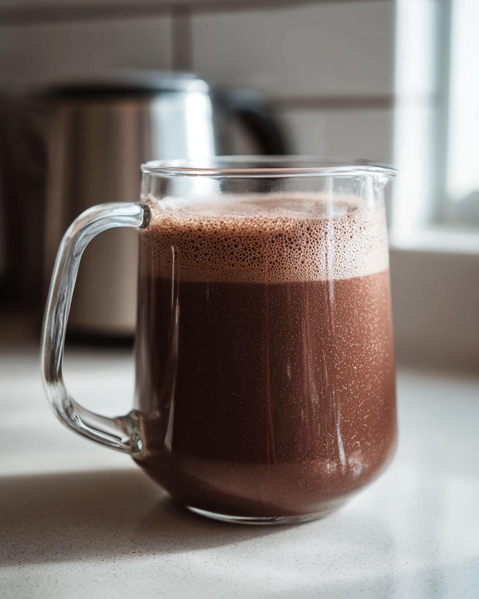 A close-up of a frothy glass mug filled with rich Chocolate Oat Milk, perfect for a delicious treat.