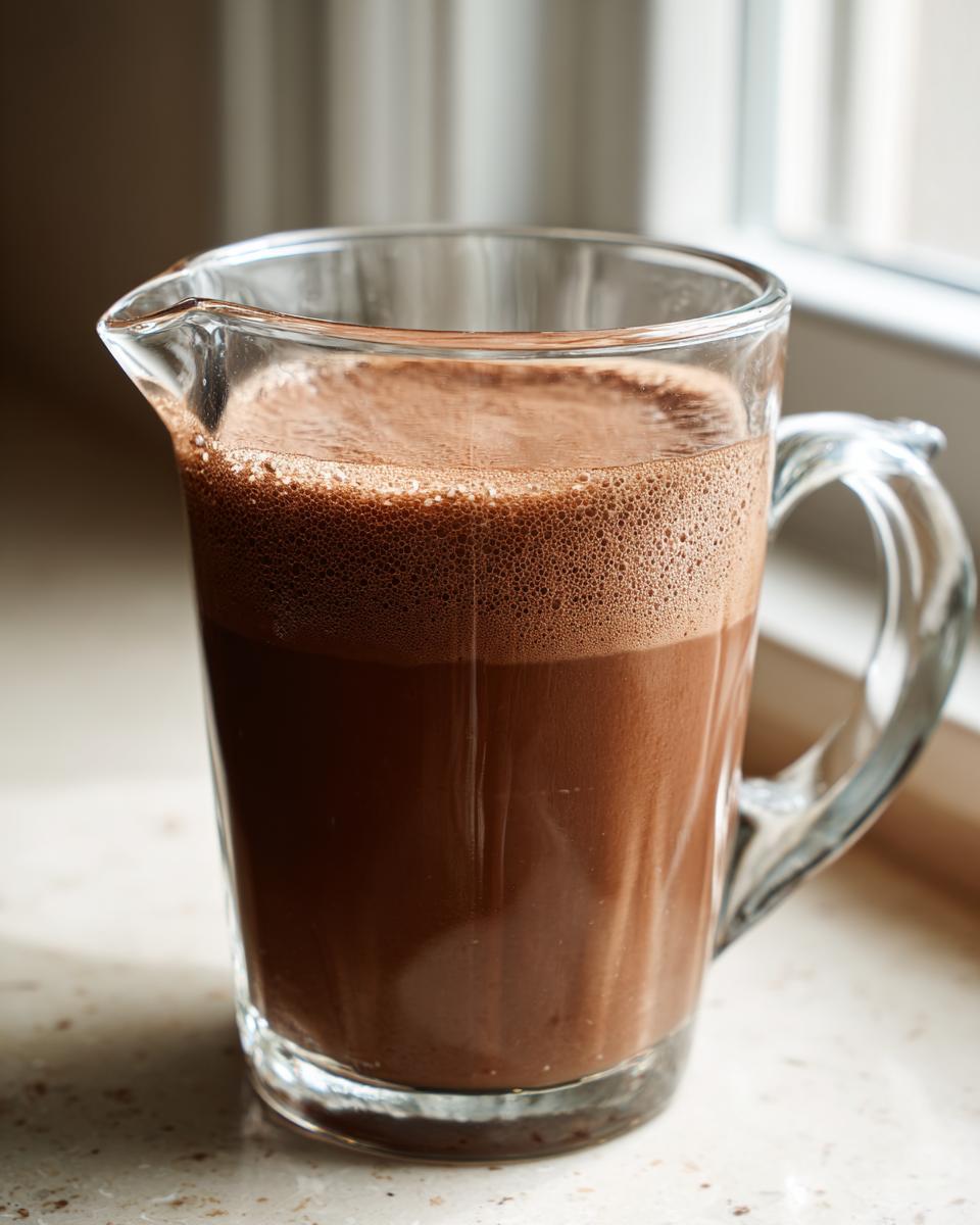 A glass pitcher filled with frothy, rich Chocolate Oat Milk, ready to be served.