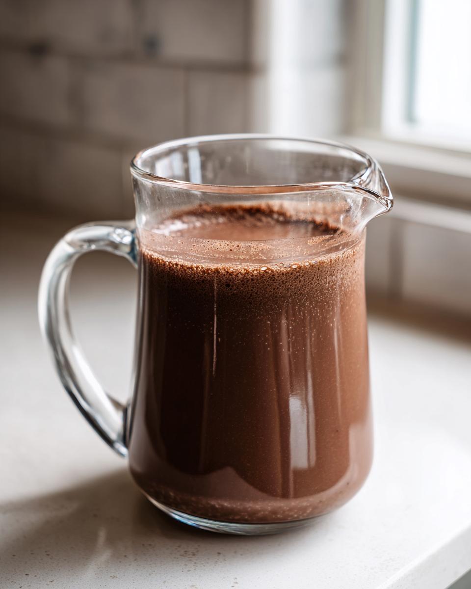 A clear glass pitcher filled with rich, frothy chocolate oat milk.