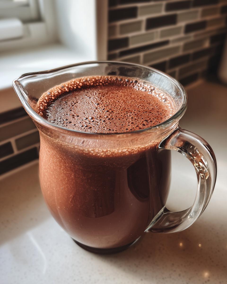 A clear glass pitcher filled with rich, frothy Chocolate Oat Milk, ready to be served.