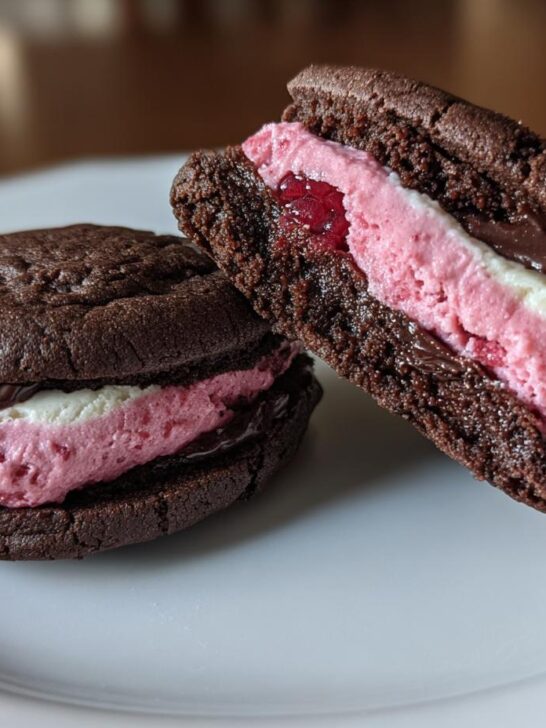 Two rich Chocolate Raspberry Sandwich Cookies stacked with pink filling and dark chocolate ganache on a white plate.