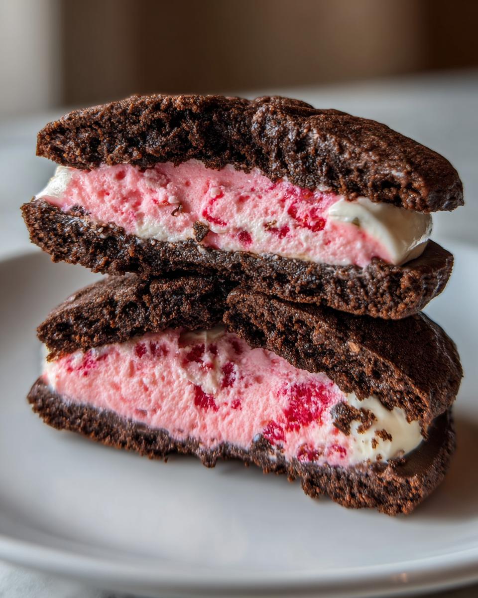 Close-up of two stacked Chocolate Raspberry Sandwich Cookies cut in half, showing dark chocolate wafers and bright pink raspberry filling.