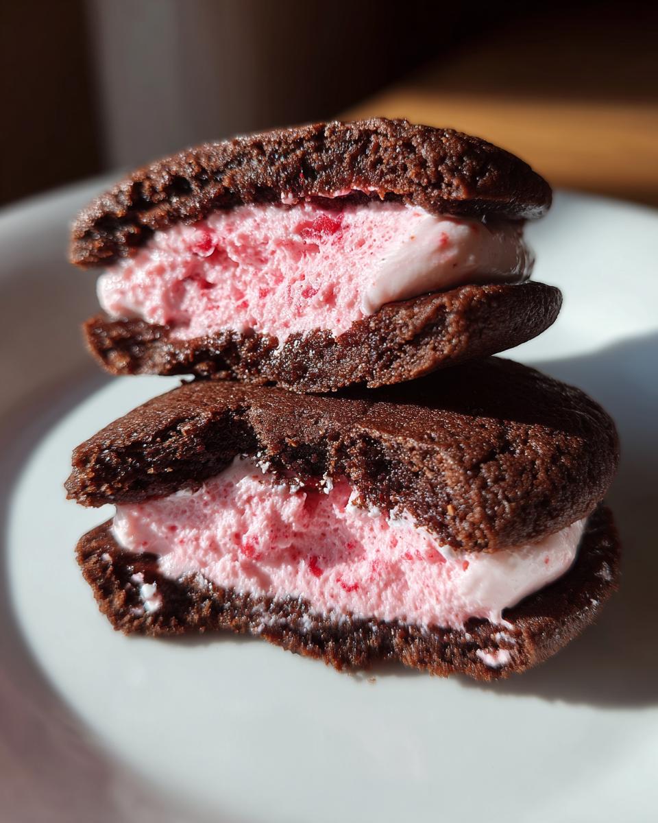 Two halves of a Chocolate Raspberry Sandwich Cookie stacked, showing rich chocolate cookies and bright pink raspberry filling.