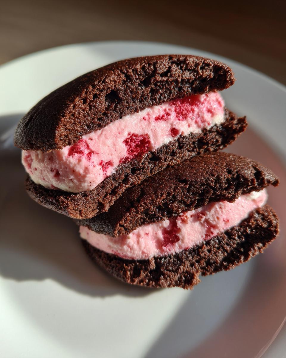 Close-up of two halves of a Chocolate Raspberry Sandwich Cookie showing rich dark chocolate cake and pink raspberry cream filling.