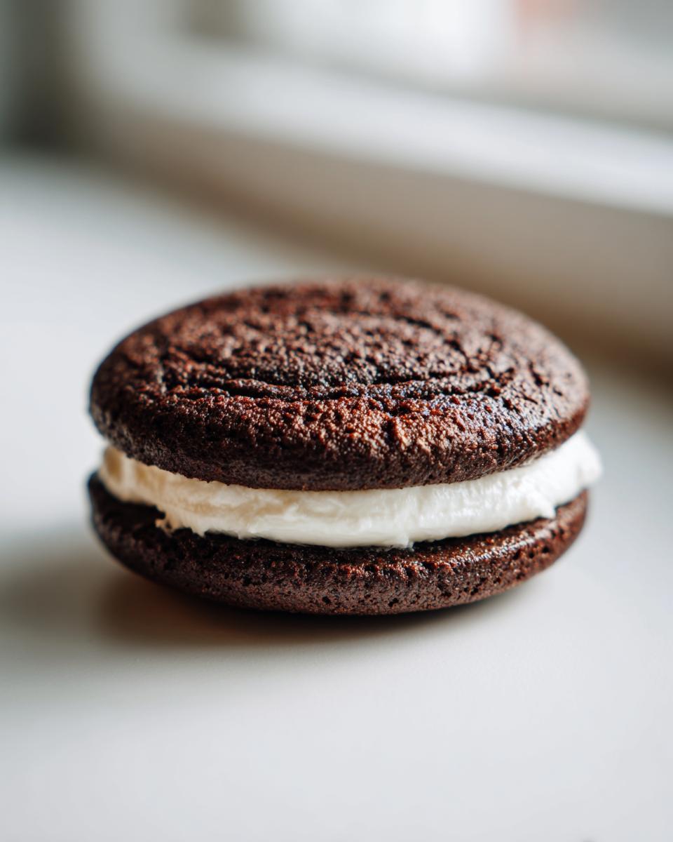Close-up of a single, rich Chocolate Sandwich Cookies with thick white cream filling.