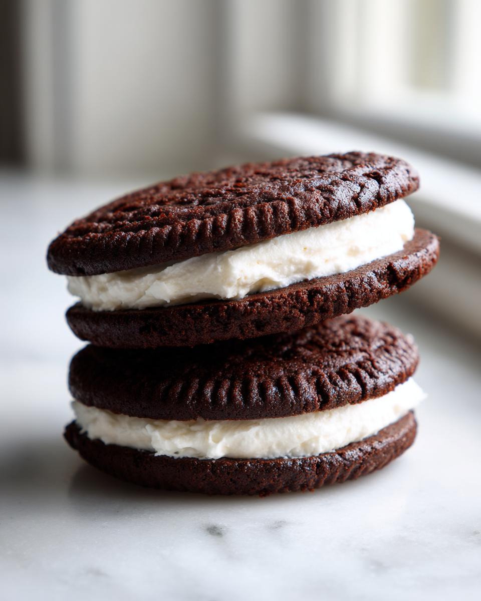 Two rich, dark Chocolate Sandwich Cookies stacked vertically with thick white cream filling.