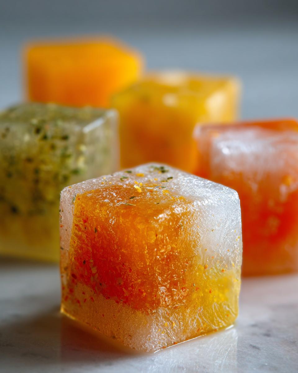 Close-up of vibrant Citrus Ginger Turmeric Ice Cubes with visible spices and citrus pieces frozen inside.