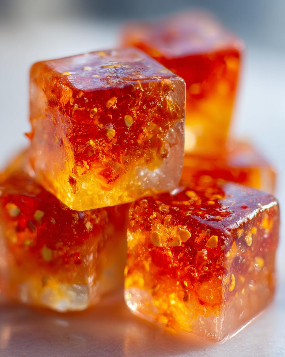 Close-up of stacked Citrus Ginger Turmeric Ice Cubes, showing bright orange and yellow hues with visible ginger and turmeric flecks.