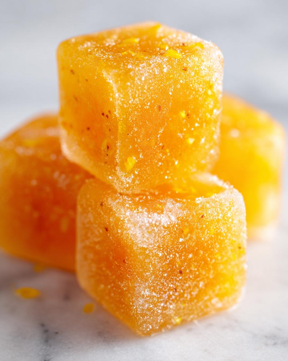 A close-up stack of vibrant orange Citrus Ginger Turmeric Ice Cubes, lightly dusted with sugar.