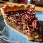 A close-up of a slice of Classic Southern Vegan Pecan Pie on a blue plate, showcasing the flaky crust and rich pecan filling.