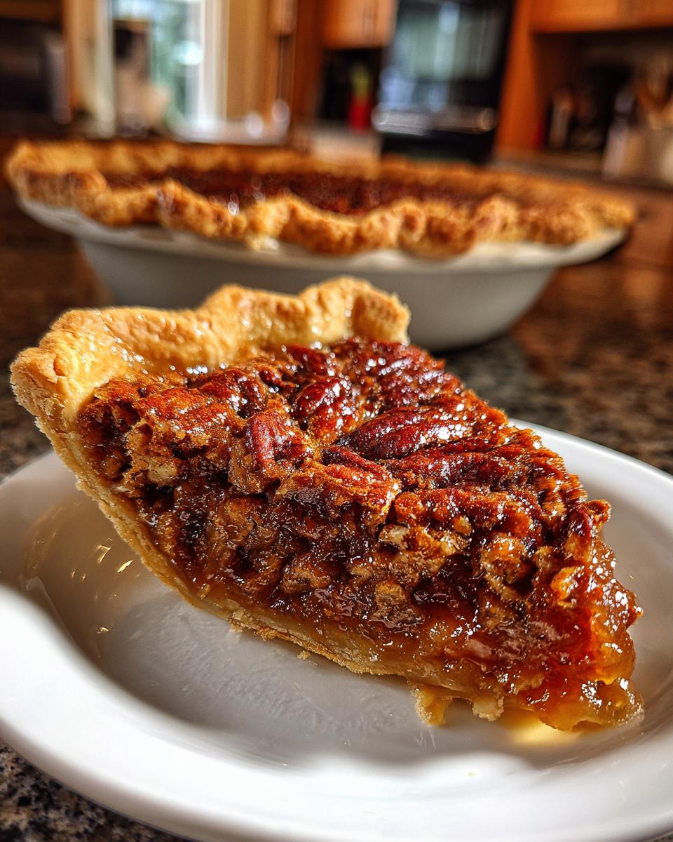 A close-up of a slice of Classic Southern Vegan Pecan Pie on a white plate, showcasing the gooey filling and whole pecans.