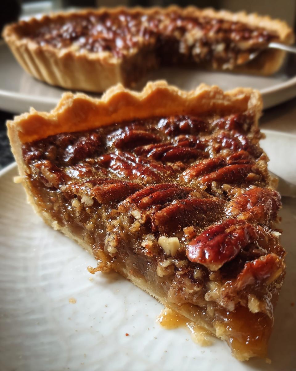 A close-up of a slice of Classic Southern Vegan Pecan Pie, showcasing the rich filling and pecan topping.