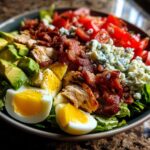 A vibrant Cobb Salad Recipe featuring fresh lettuce, diced tomatoes, avocado, hard-boiled eggs, crispy bacon, and crumbled blue cheese.