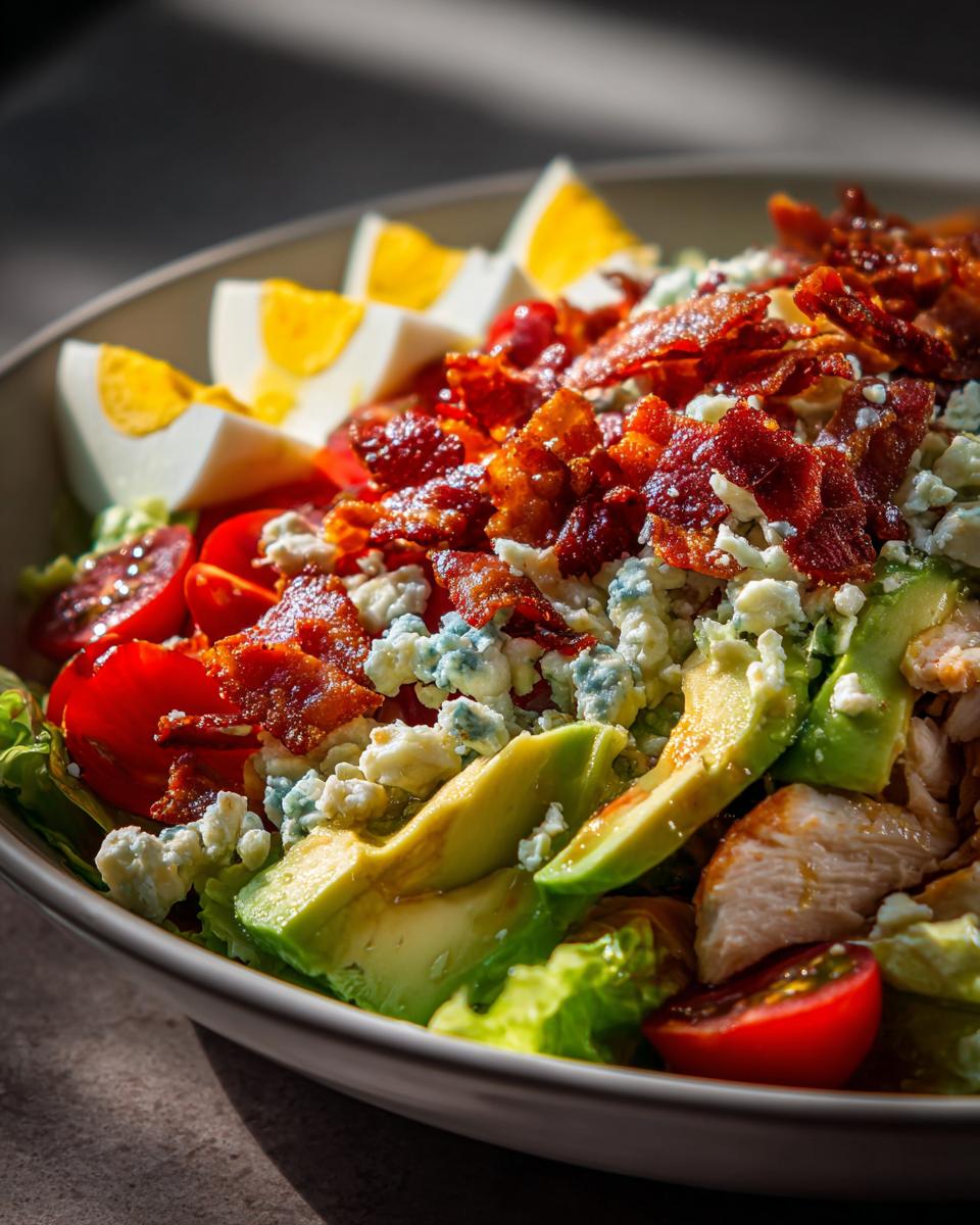 Close-up of a vibrant Cobb Salad Recipe featuring fresh lettuce, cherry tomatoes, sliced avocado, crumbled blue cheese, bacon, and hard-boiled eggs.