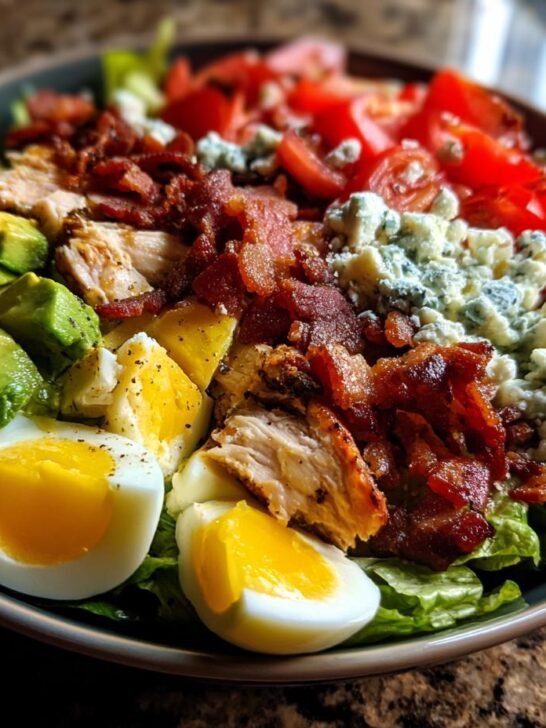 A vibrant Cobb Salad Recipe featuring fresh lettuce, diced tomatoes, avocado, hard-boiled eggs, crispy bacon, and crumbled blue cheese.