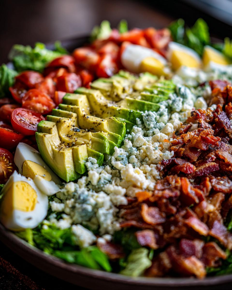 A vibrant Cobb Salad Recipe featuring fresh lettuce, tomatoes, avocado, blue cheese, hard-boiled eggs, and crispy bacon.