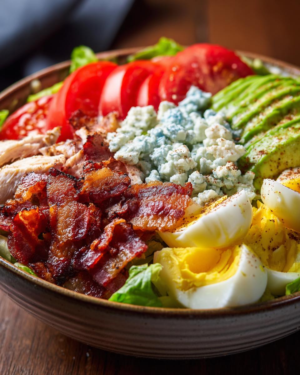 Close-up of a fresh Cobb Salad Recipe with chicken, bacon, blue cheese, avocado, tomatoes, and hard-boiled eggs.
