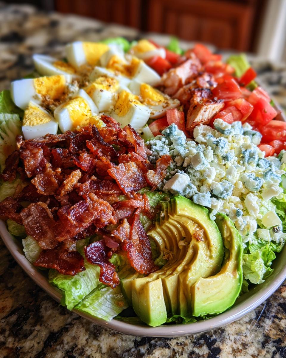 A vibrant and loaded Cobb Salad Recipe with chopped lettuce, hard-boiled eggs, crispy bacon, tomatoes, blue cheese, avocado, and chicken.