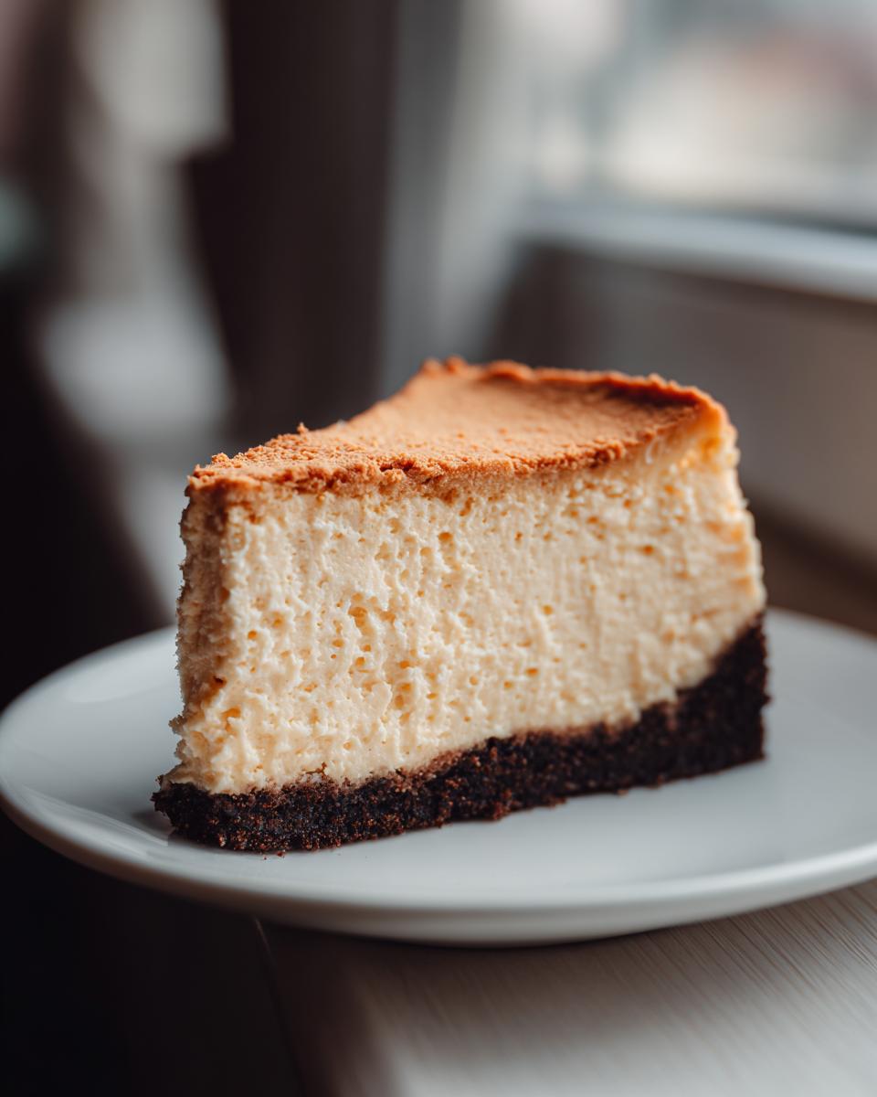 A rich slice of Coffee Cheesecake with a thick, creamy filling and dark chocolate crust, dusted with cocoa powder.